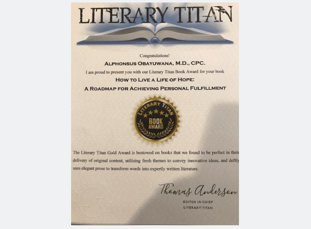 Literary Titan book award certificate image.